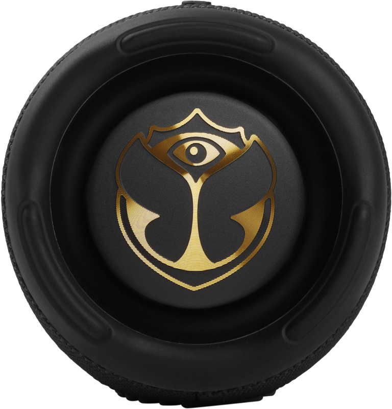 Ein schwarzer Lautsprecher mit goldenem Logo, mit kreisförmigem Design.
