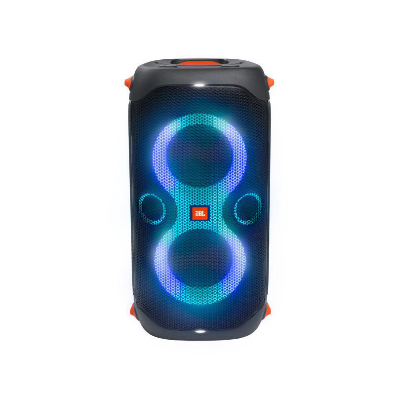 Ein schwarzer JBL-Lautsprecher. Die Mitte hat ein leuchtendes 8er-Design.