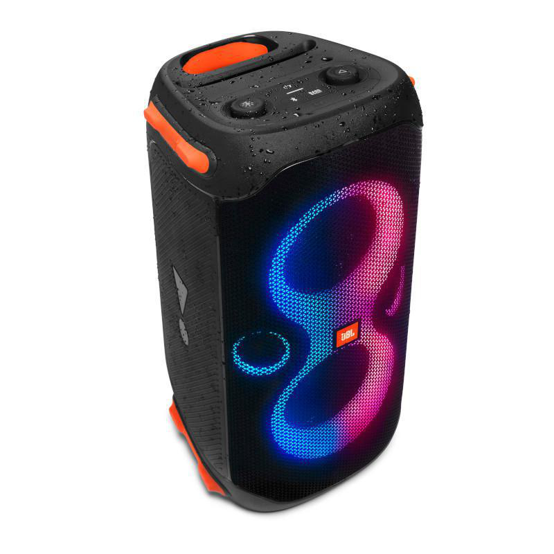 Schwarzer und oranger Lautsprecher. Es hat bunte Lichter und ein JBL-Logo.
