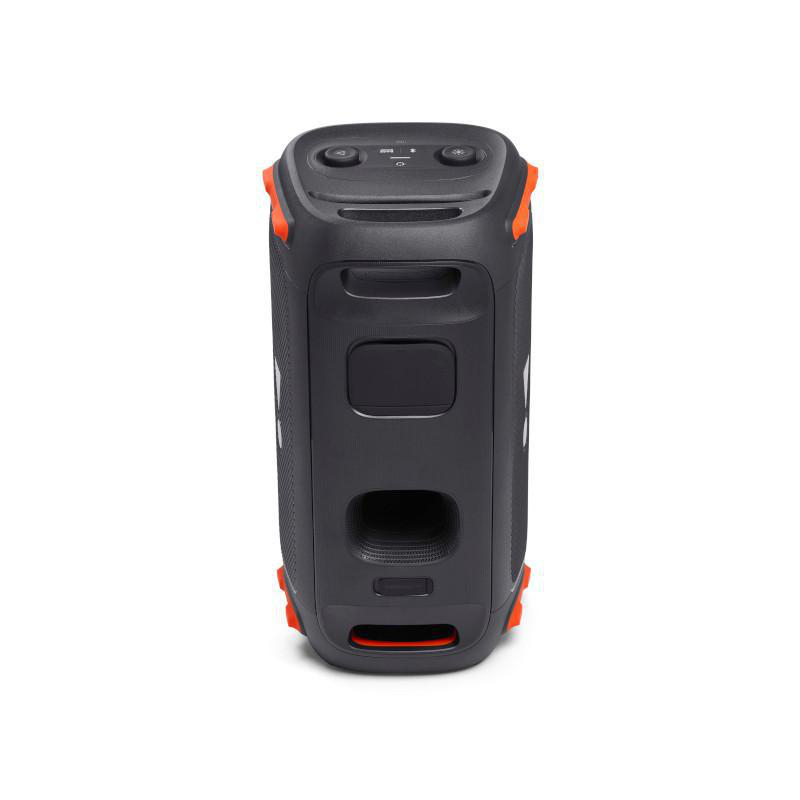 Schwarzer JBL-Lautsprecher, Seitenansicht. Der Lautsprecher hat orangefarbene Akzente.
