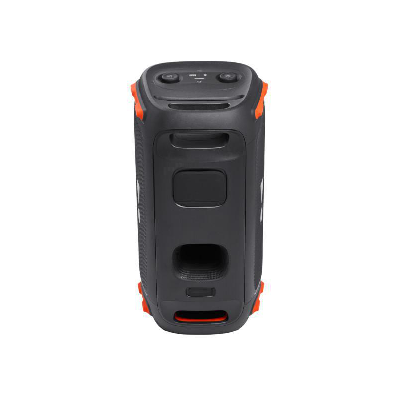 Ein schwarzer und oranger JBL-Lautsprecher. Er hat eine rechteckige Form mit orangen Akzenten.