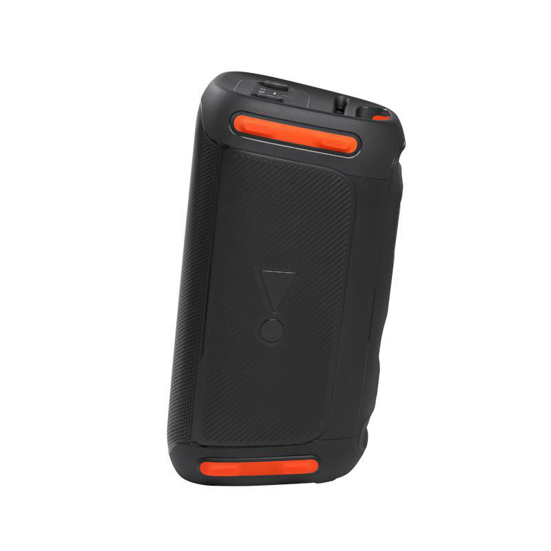 Schwarzer JBL-Lautsprecher mit orangefarbenen Akzenten. Der Lautsprecher ist rechteckig mit JBL-Logo.