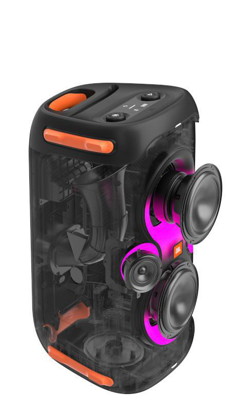 Schnittansicht eines JBL-Party-Lautsprechers, schwarz mit orangen Akzenten, Lautsprecher und Lichter.