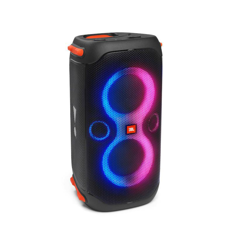 Ein schwarzer und roter JBL-Lautsprecher mit Lichtshow. Er hat einen Griff und Knöpfe.