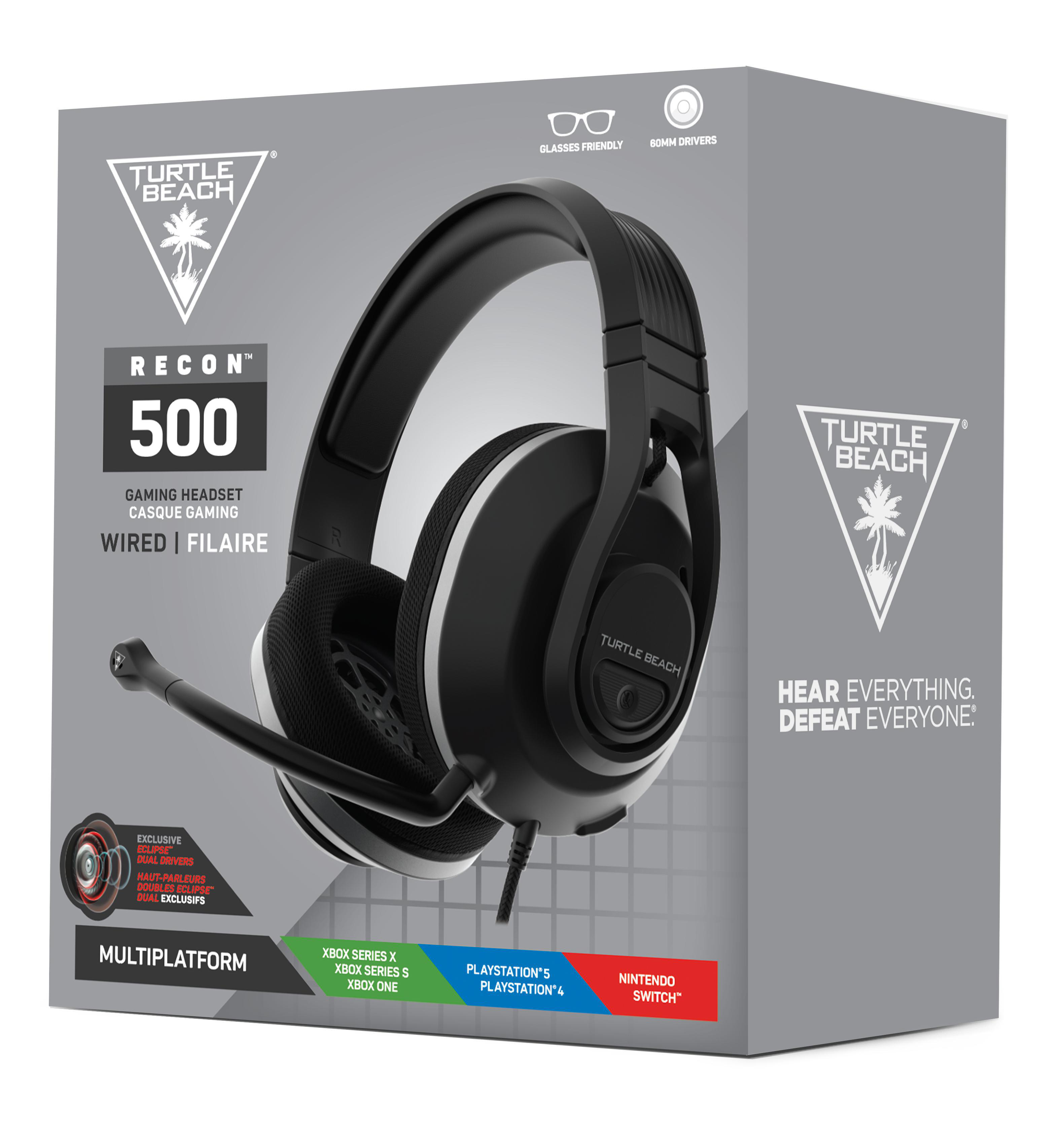 Eine Headset-Box mit einem Headset im Inneren, mit dem Turtle Beach-Logo und Text.