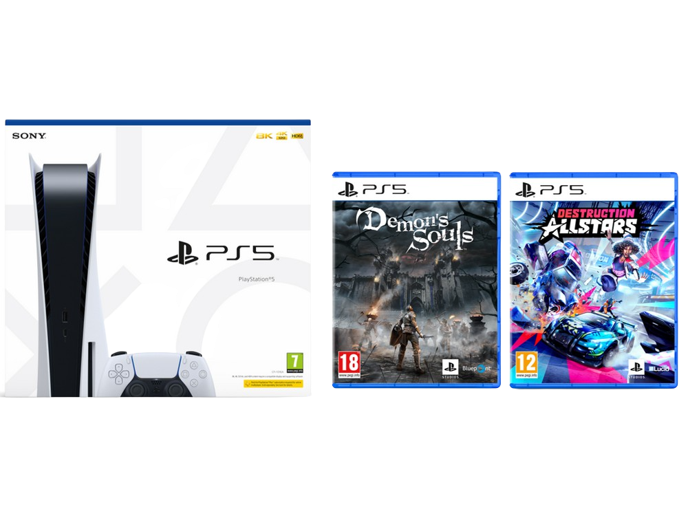 Consola - Sony PS5, 825 GB, 4K, HDR, Blanco + PS5 Demon's Souls + PS5 Destruction Allstars