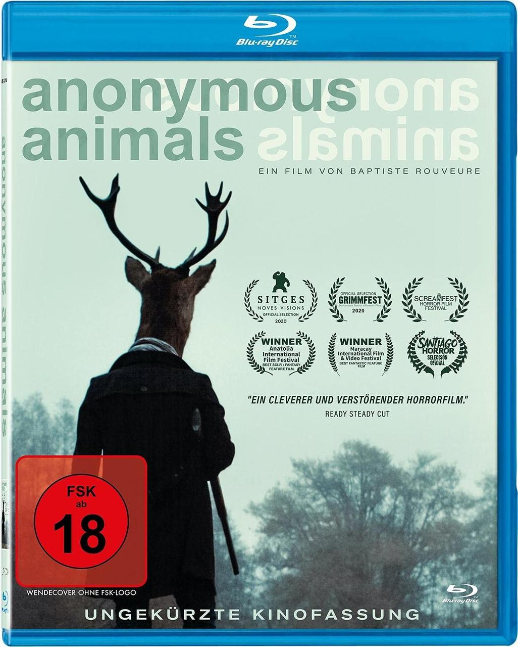 Blu-ray-Cover für 'Anonymous Animals' mit Hirschkopf-Maske und Auszeichnungen.