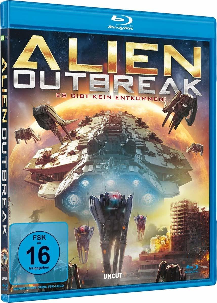Blu-ray-Box für „Alien Outbreak“. Sci-Fi-Film mit Raumschiff und Stadtzerstörung. Blauer Einband, dramatisch.