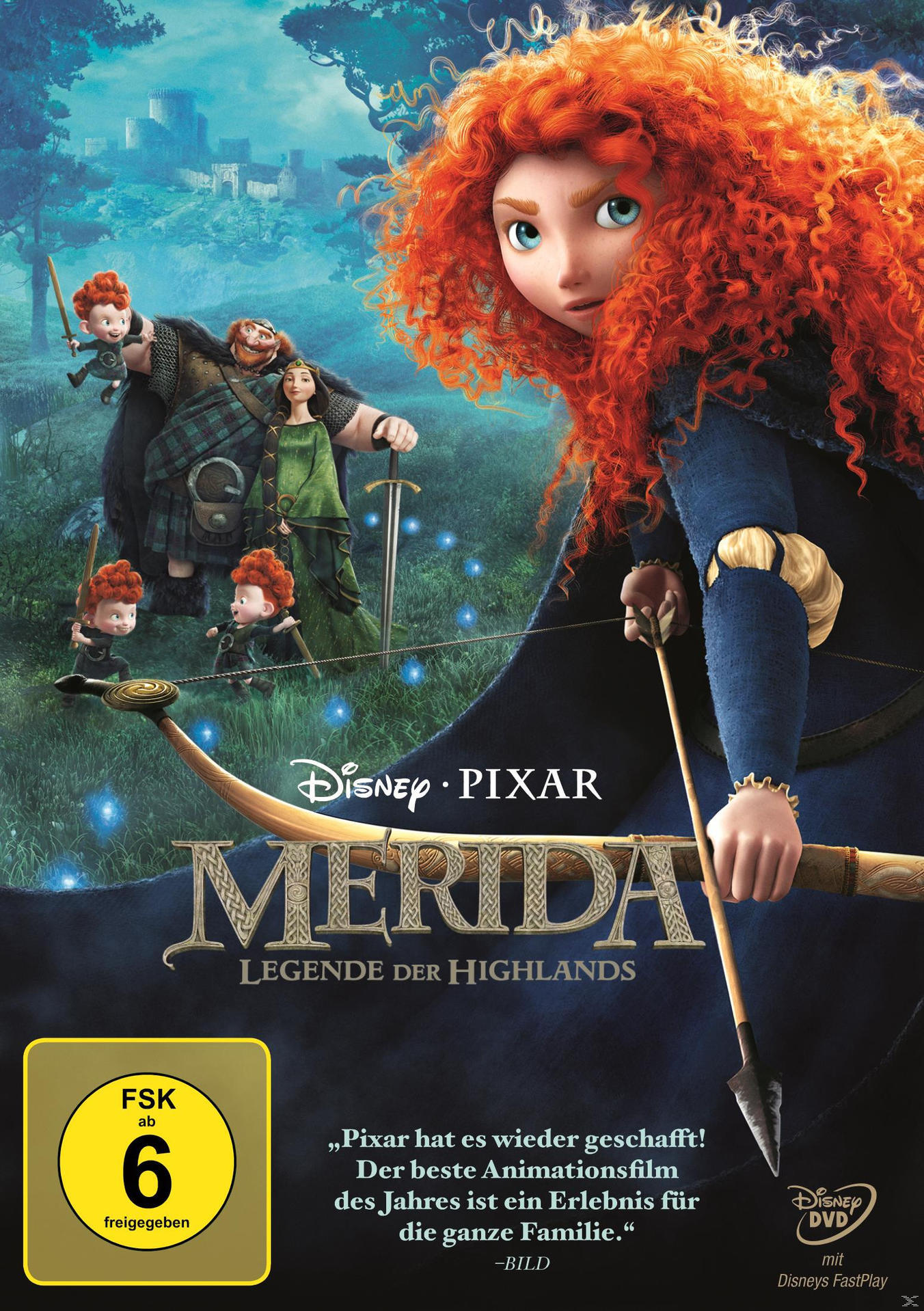 Filmposter des Animationsfilms 'Merida', mit Charakteren und dem Titel.