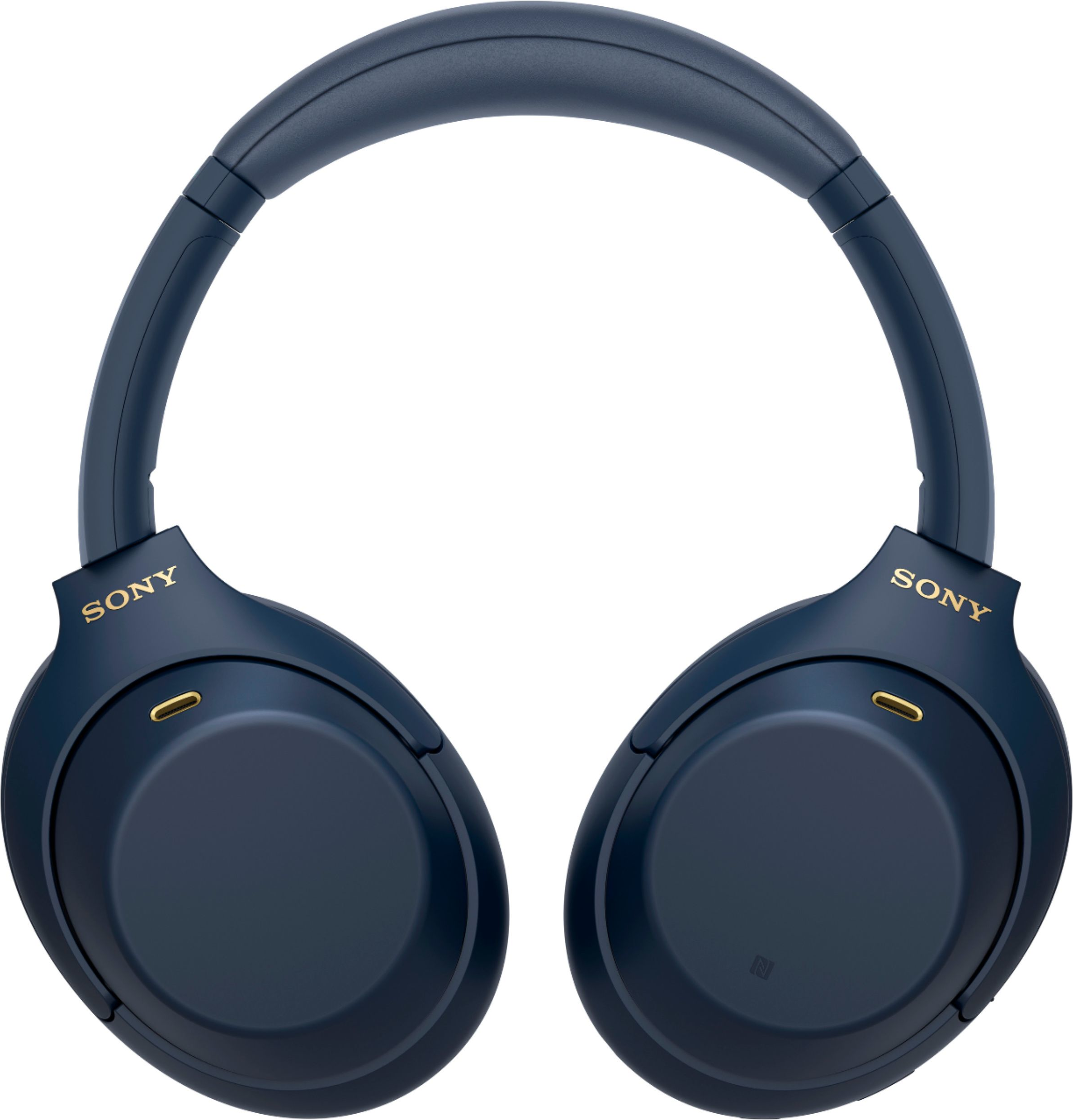 Casque bleu avec des accents dorés. Le mot 'SONY' est sur chaque écouteur.