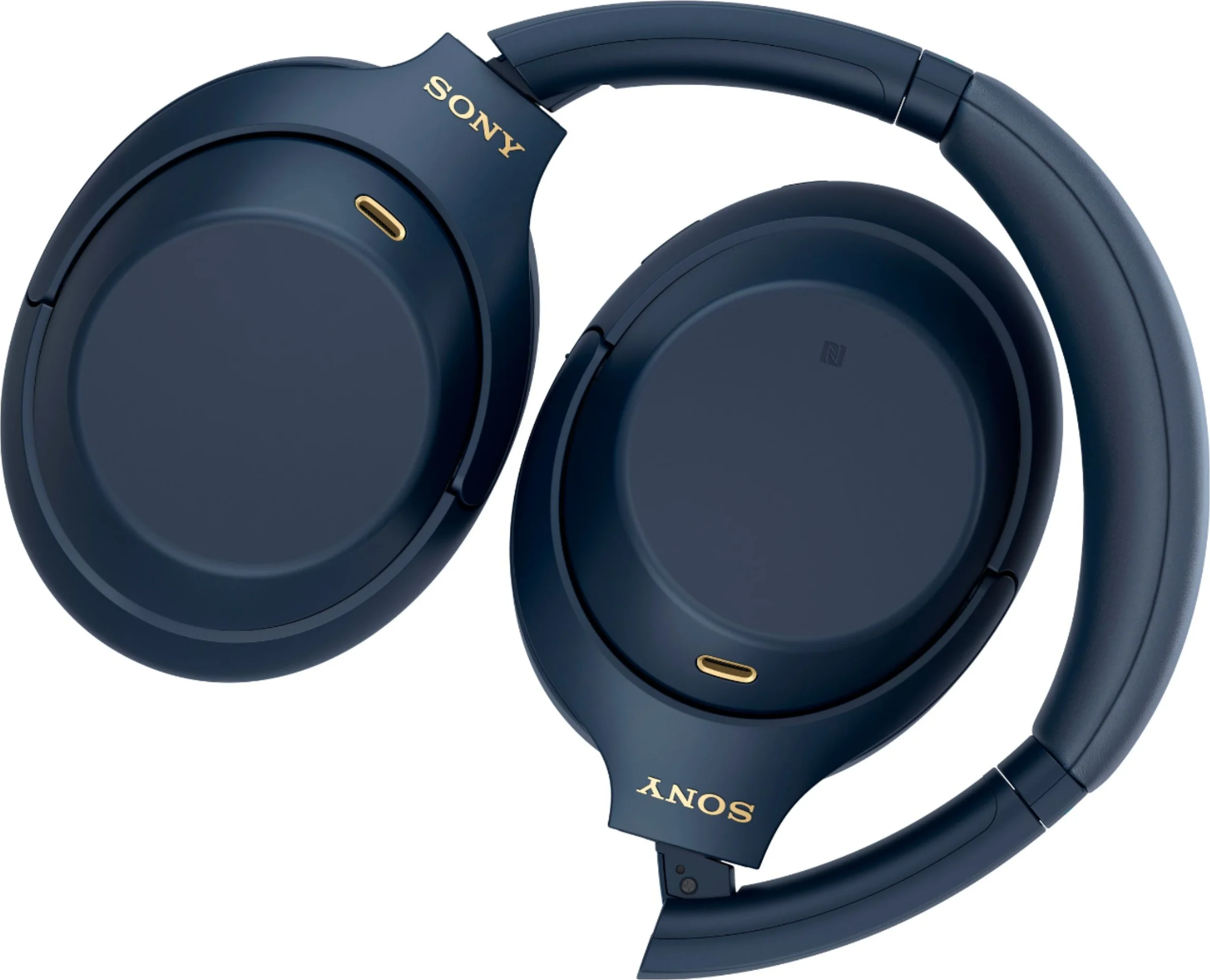 Casque Sony bleu, plié, montrant des détails dorés.