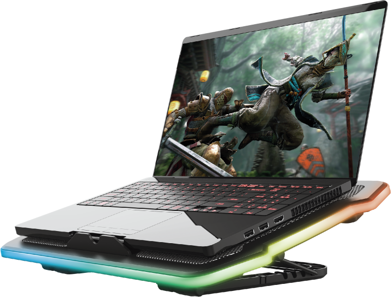 Laptop egy hűtőpulton, egy játék jelenetét mutatja.