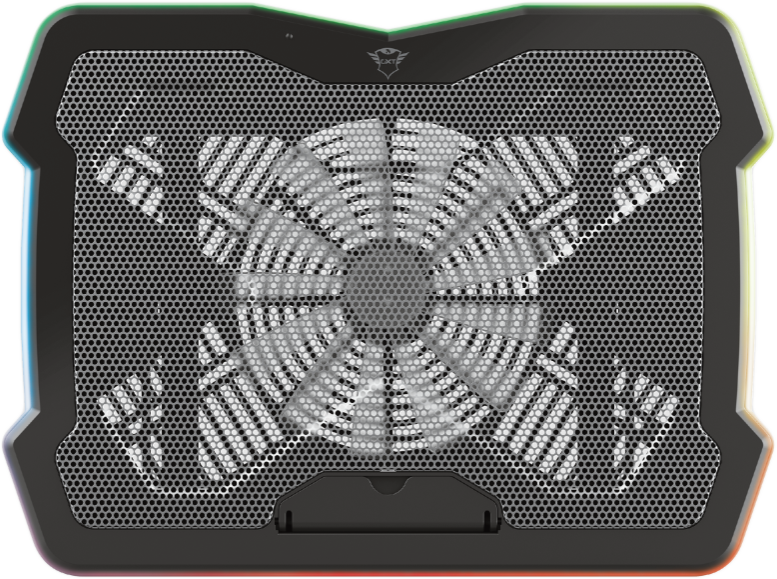 Laptop hűtőpad. Fekete, RGB világítással, hálós felülettel, ventillátorral, Trust logó.