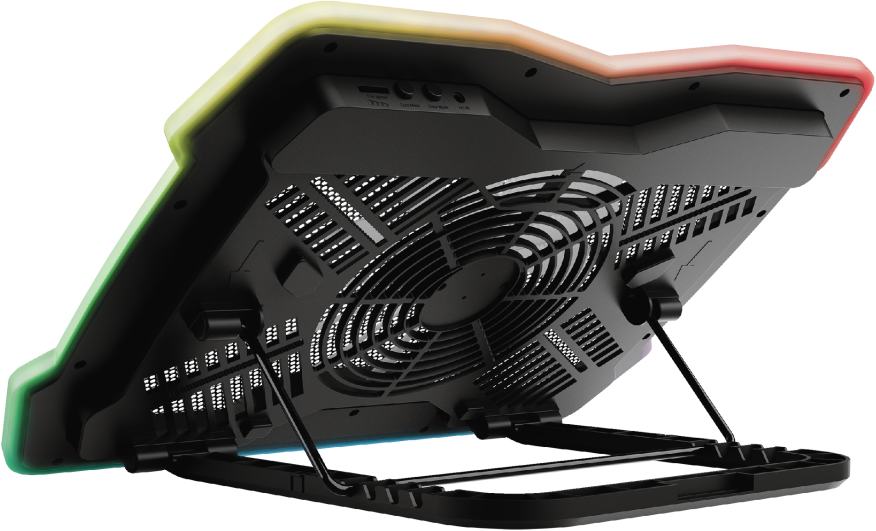 Fekete laptop hűtőpad ventilátorral és színes LED-fényekkel a széleken.