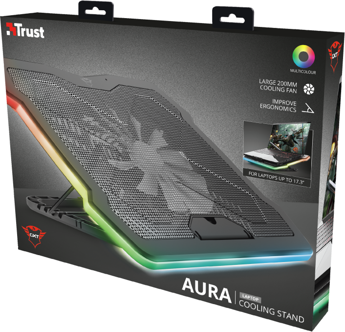 Laptop hűtőállvány. Fekete, hálós felülettel. RGB világítás a széleken.