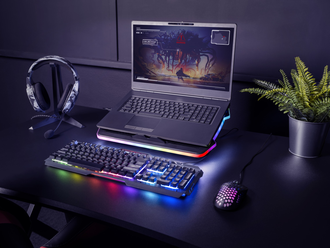 Játék beállítás: laptop állványon billentyűzettel és egérrel; fejhallgató és növény az asztalon. RGB világítás.