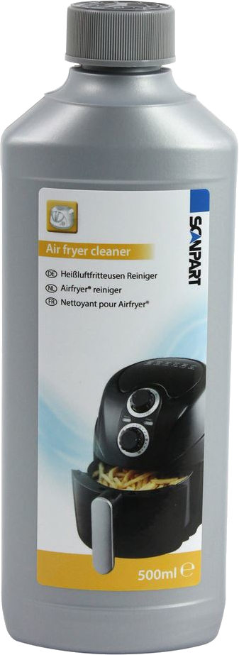 Bouteille grise de nettoyant pour friteuse à air. Étiquette avec friteuse et texte multilingue.