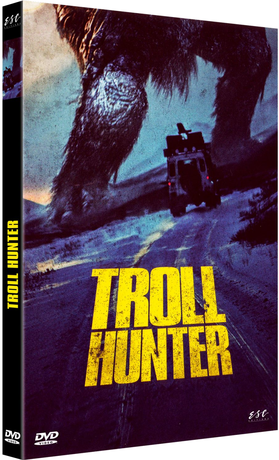 DVD-hoes voor de film Troll Hunter. Een monsterklauw boven een auto op een weg, met titel in geel.
