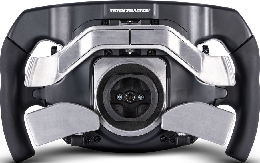 Ein schwarzes und silbernes Thrustmaster-Rennlenkrad mit Paddles und Knöpfen.