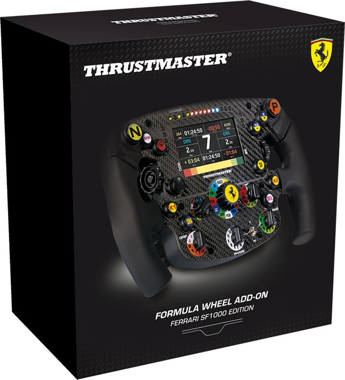 Eine Thrustmaster Formula Wheel Add-On Box. Sie zeigt ein Rennlenkrad und verschiedene Knöpfe.