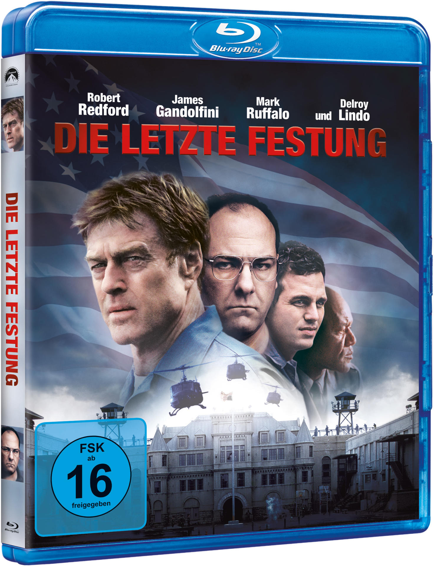 Blu-ray-Hülle für den Film 'The Last Castle', mit Schauspielern und Gefängnis-Kulisse.