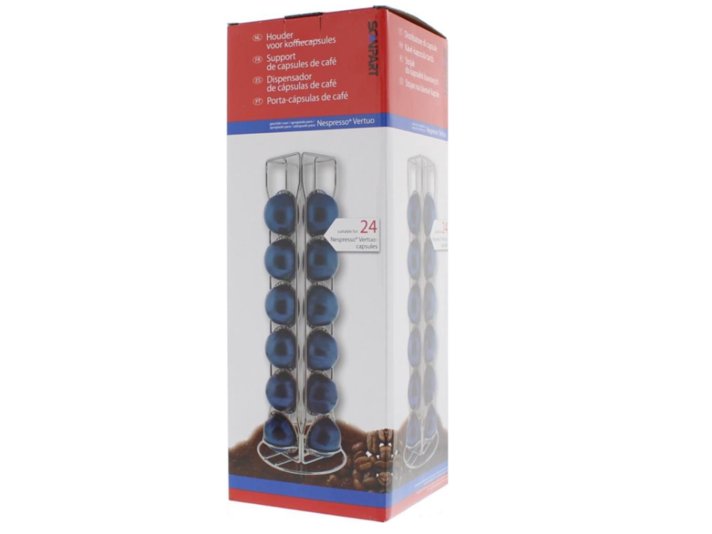 Porta cápsulas de café con cápsulas azules.