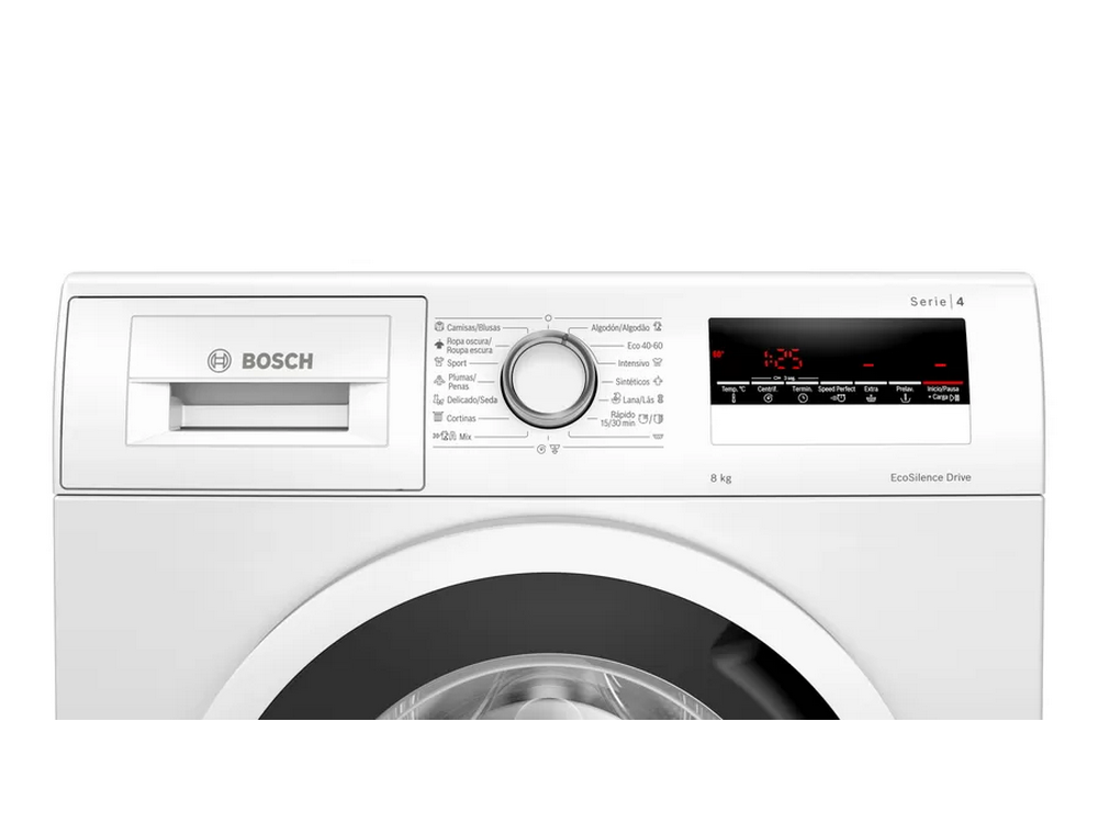 Primer plano de un panel de control de lavadora blanco con texto.