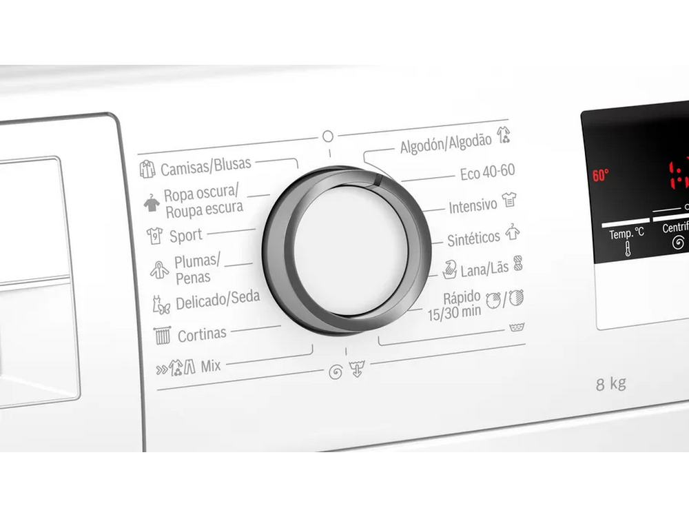 Primer plano del panel de control de una lavadora con varias opciones de ciclo de lavado.