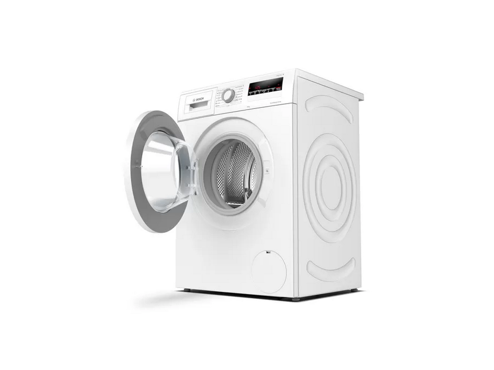 Lavadora blanca con la puerta abierta. Está sobre un fondo blanco, aislado.