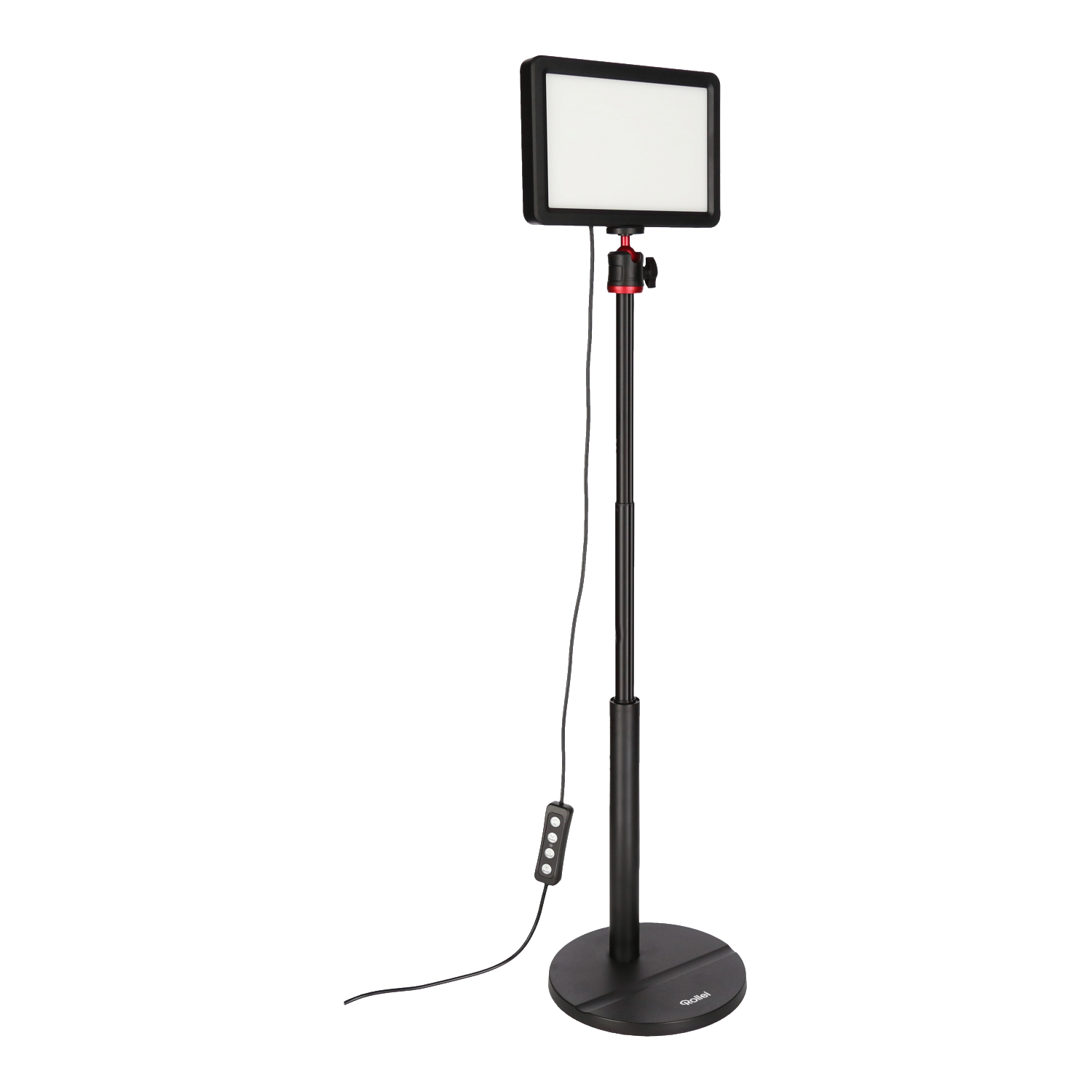 Eine schwarze Stand-LED-Leuchte mit rotem, verstellbarem Gelenk. Das Licht ist rechteckig und weiß.