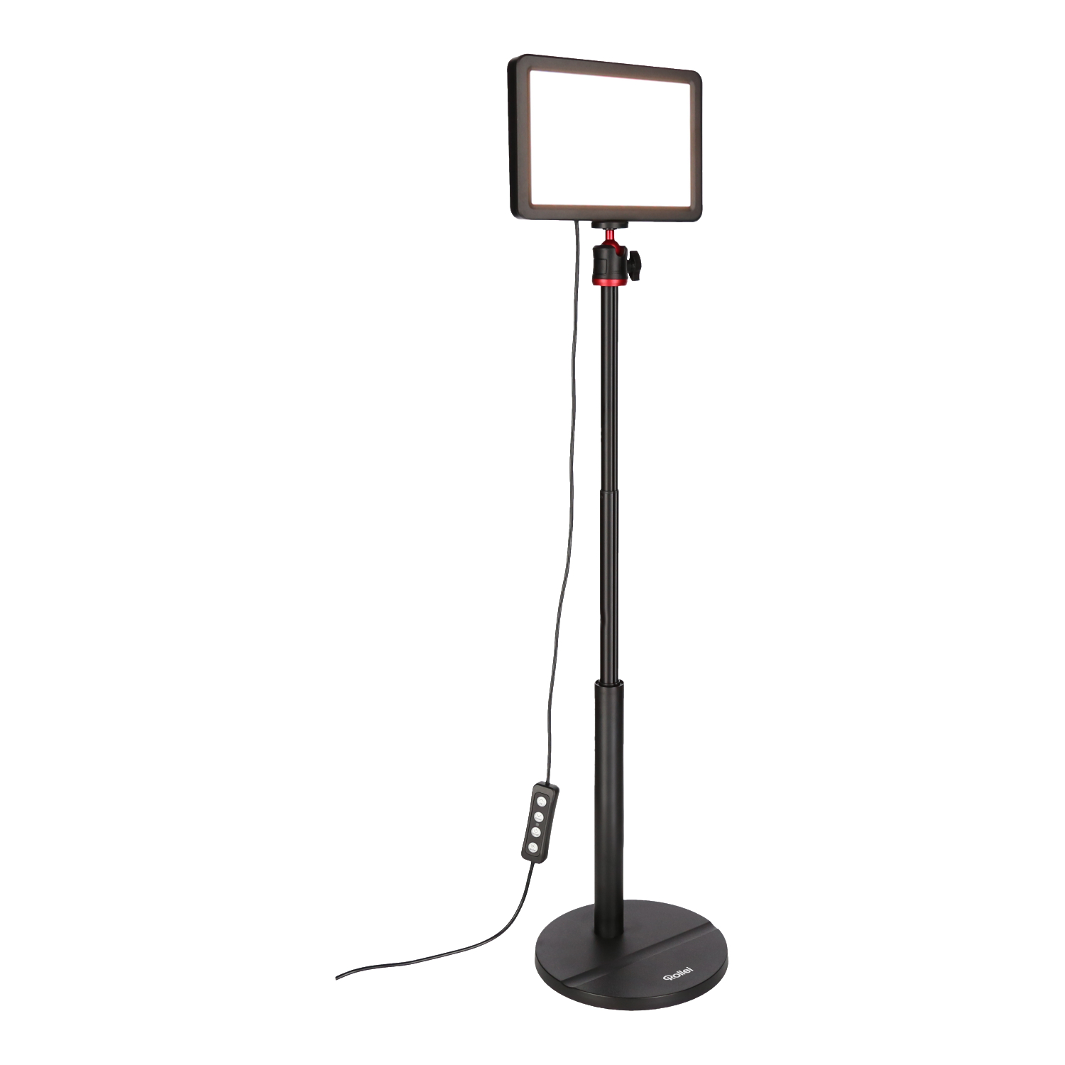 Schwarzes Studiolicht auf einem Ständer. Es hat eine rechteckige Lichtquelle und eine Steuerbox.