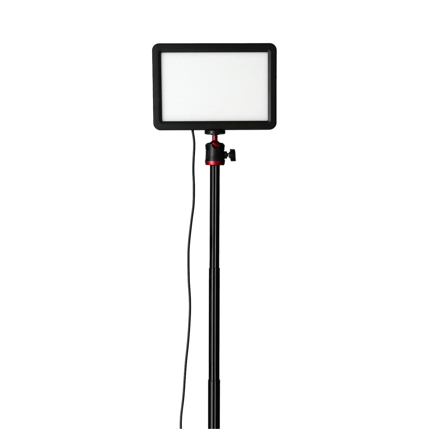 LED-Leuchte mit schwarzem Rahmen auf einem Stativ, zur Kamera gerichtet.