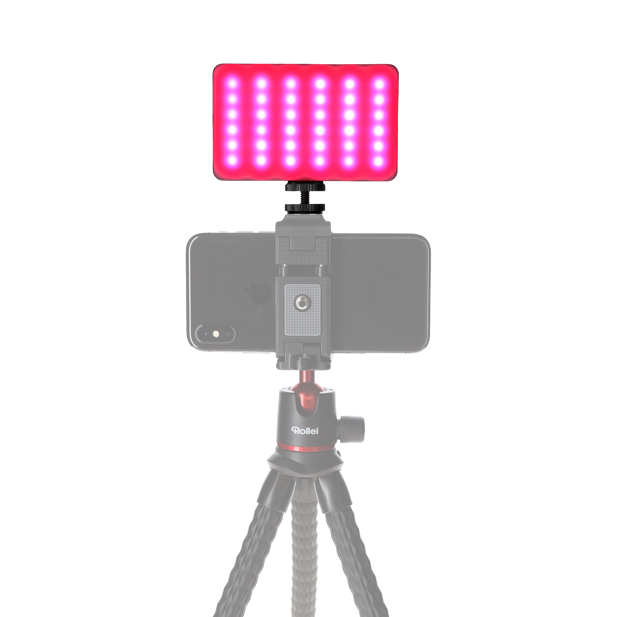 Smartphone auf Stativ mit roter LED-Leuchte. Schwarzes Telefon und Stativ. Weißer Hintergrund.