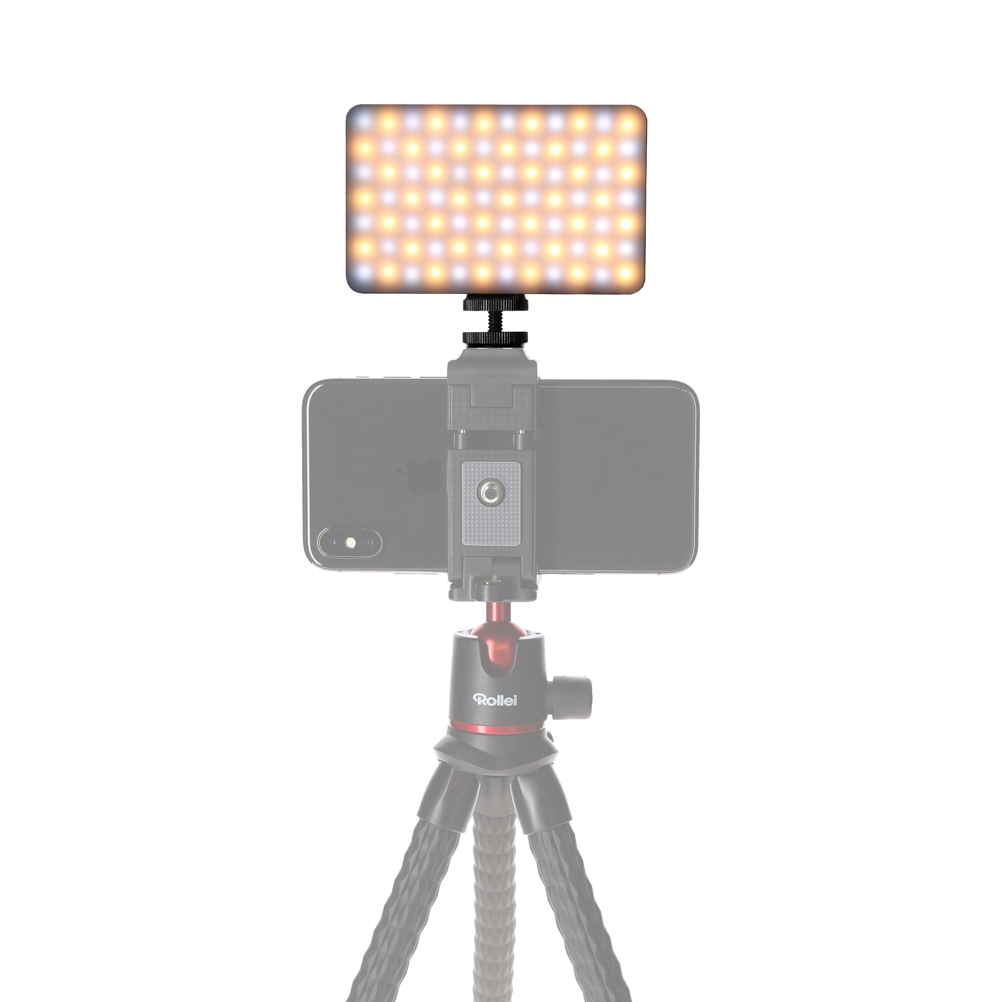 Ein Smartphone ist mit einem Licht auf einem Stativ montiert. Das Lichtfeld hat mehrere LED-Leuchten.