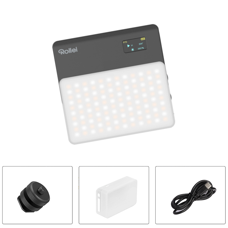 LED-Videoleuchte mit Zubehör: Akku, Ladegerät und Halterung.