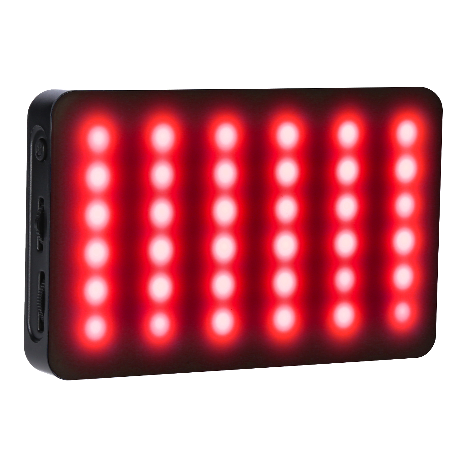 Rechteckige LED-Leuchte mit roten Lichtern, schwarzem Rahmen und Netzschalter.