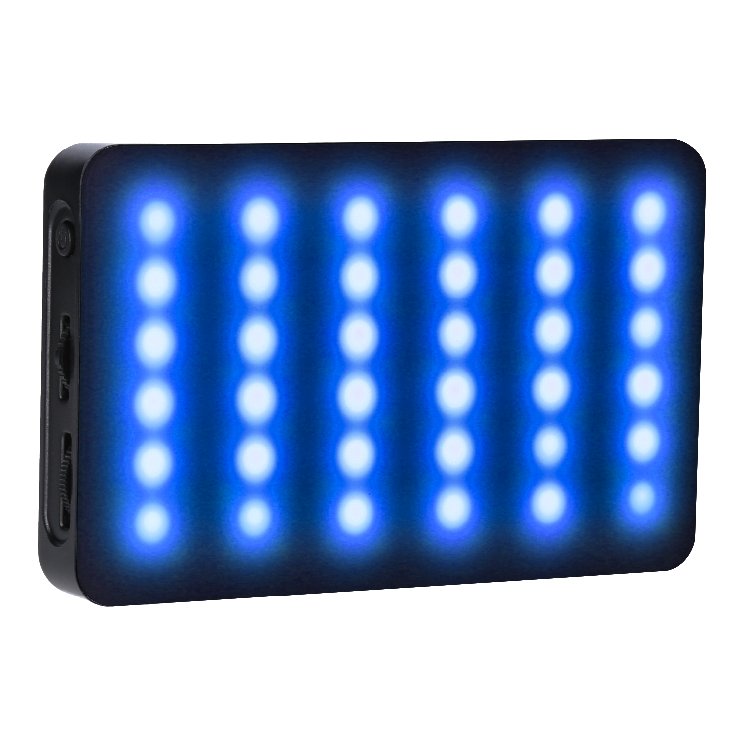 Schwarzes LED-Lichtpaneel mit blauen Lichtern, die in vertikalen Reihen angeordnet sind.