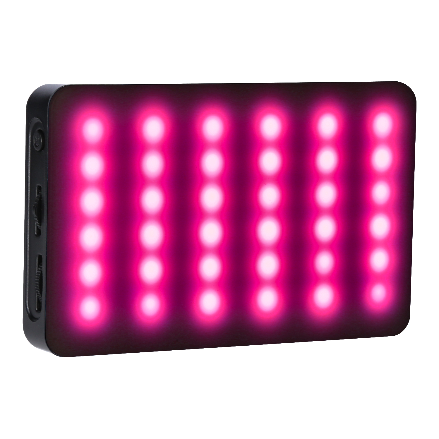 Ein kleines, schwarzes Lichtpanel mit pinkfarbenen Lichtern und Knöpfen an der Seite.