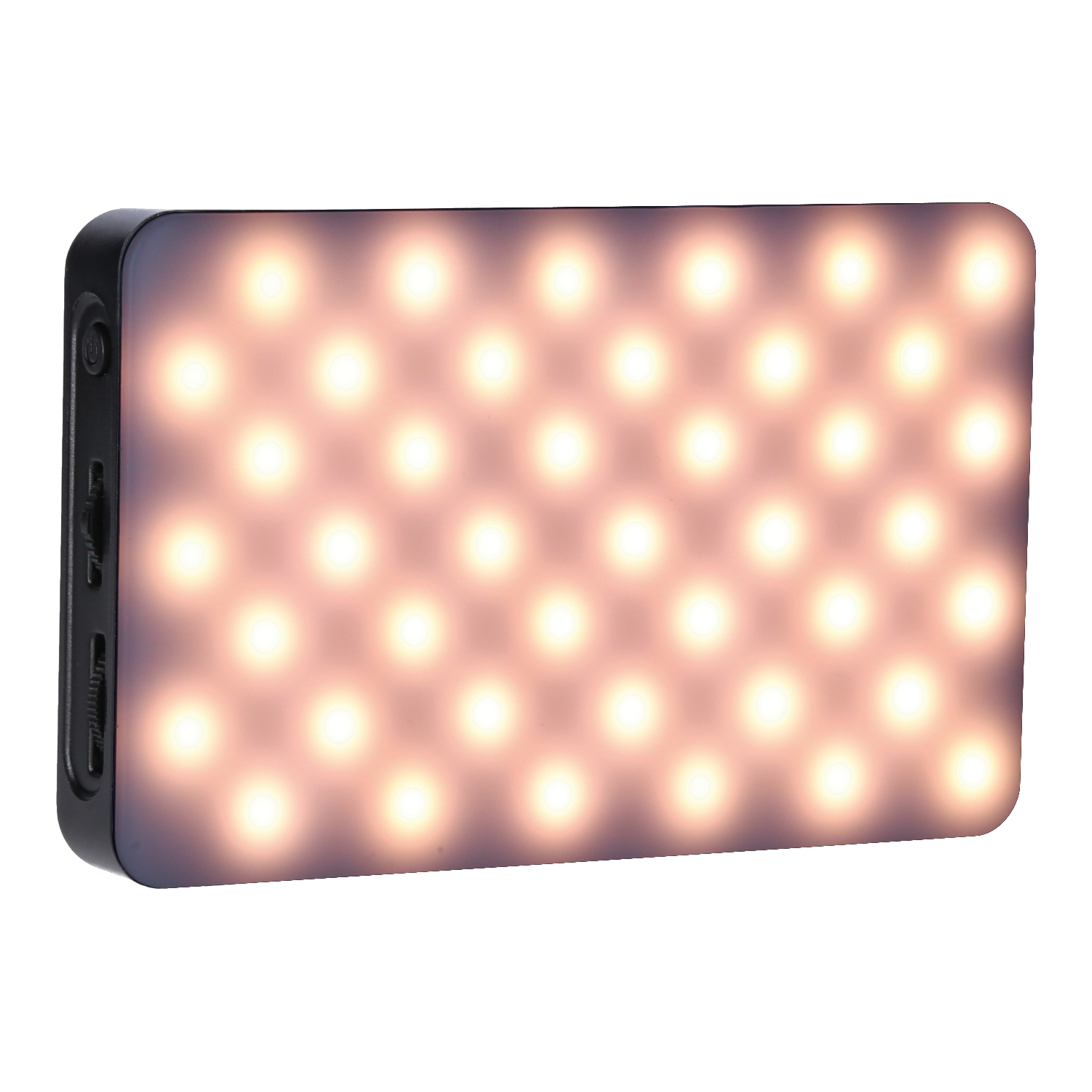 Kleines, rechteckiges Lichtpaneel. Es hat viele kleine Lichter und einen Power-Knopf.
