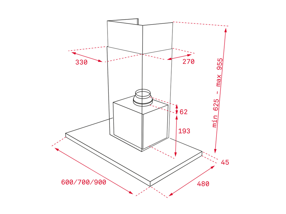 Diagrama de una campana extractora con dimensiones. Incluye una caja cuadrada y una base rectangular.