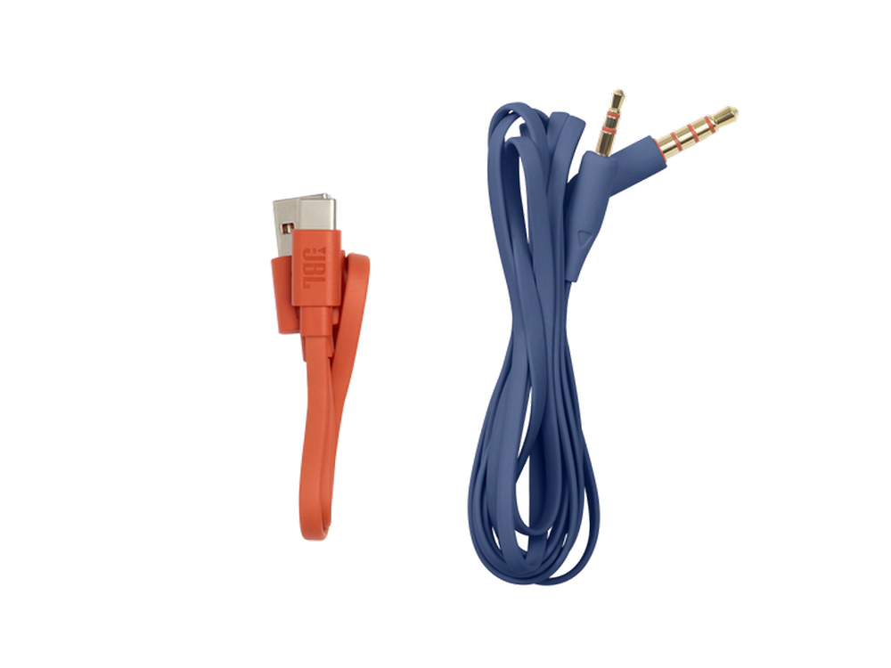 Dos cables: uno USB-C naranja y otro azul con un conector jack de 3,5 mm.