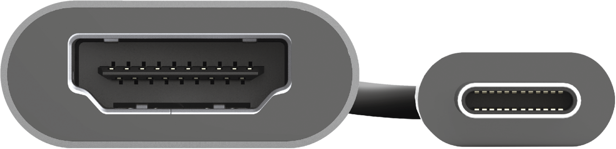 Közelkép egy szürke HDMI-USB-C adapterről.