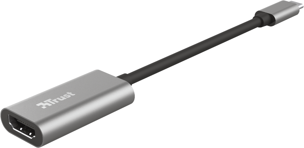 Ezüst USB-C - HDMI adapter fekete kábellel. Trust márkalogó.