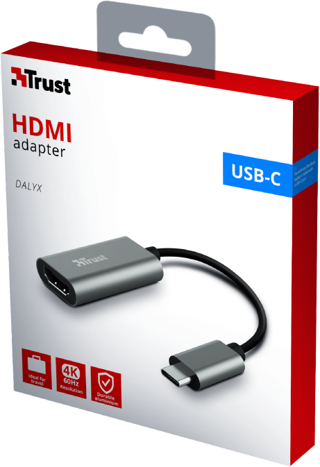 Egy fekete-piros HDMI adapter a dobozában. Az adapter ezüst színű, fekete kábellel.
