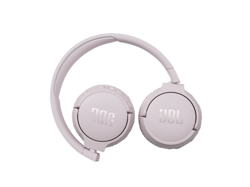 Auriculares JBL rosas plegados. Vista superior, fondo blanco. Logotipo JBL visible.