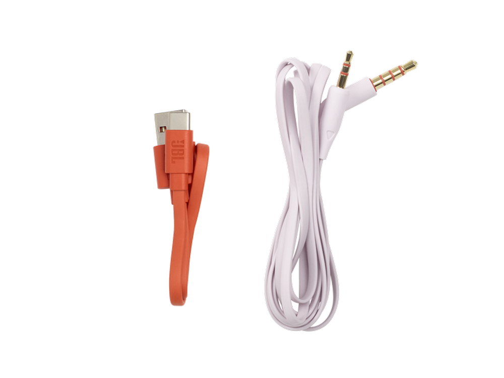 Cable USB-C naranja y cable de audio blanco de 3,5 mm. Fondo blanco.