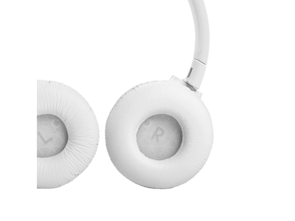 Auriculares blancos. Las copas tienen forma circular y una 'R' y 'L' visibles en cada una.