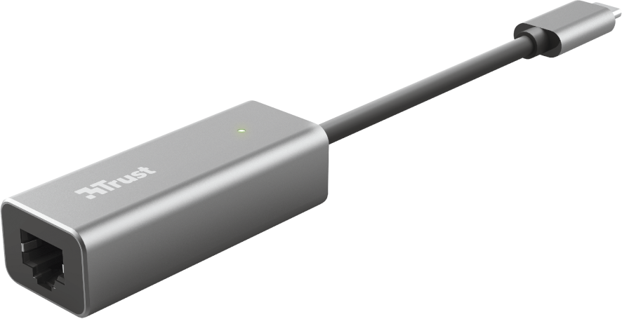 Ezüst Trust Ethernet adapter fekete kábellel és USB-C csatlakozóval fekete háttéren.