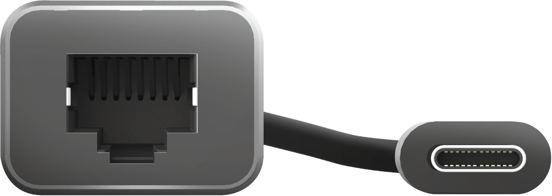 Egy adapter Ethernet porttal és USB-C csatlakozóval. Az adapter sötétszürke, fekete kábellel.
