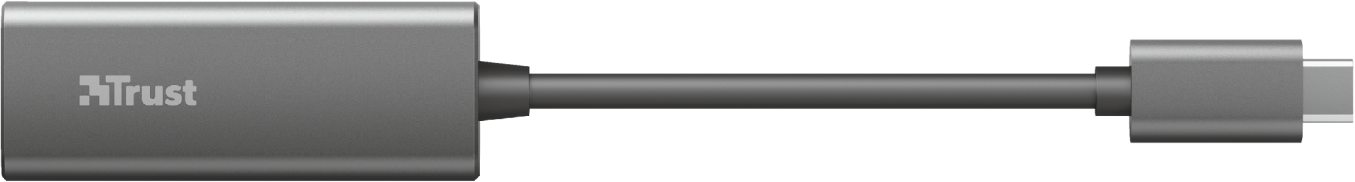 Egy szürke Trust USB-C adapter. Téglalap alakú teste van a Trust logóval, egy kábellel és egy USB-C csatlakozóval.